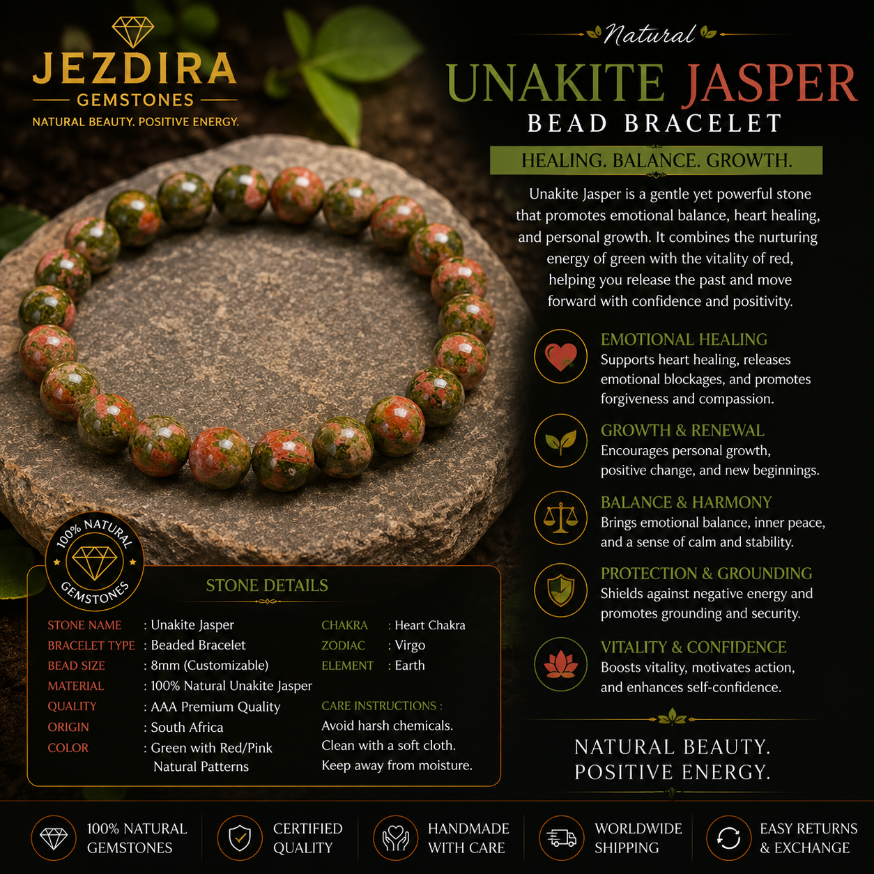 Natural Unakite Jasper Bracelet - Image 2